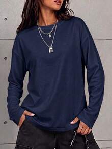Women's Solid Color Crew Neck Long Sleeve T-Shirt, Casual Autumn Regular Fit Top - Navy Blue - View 3