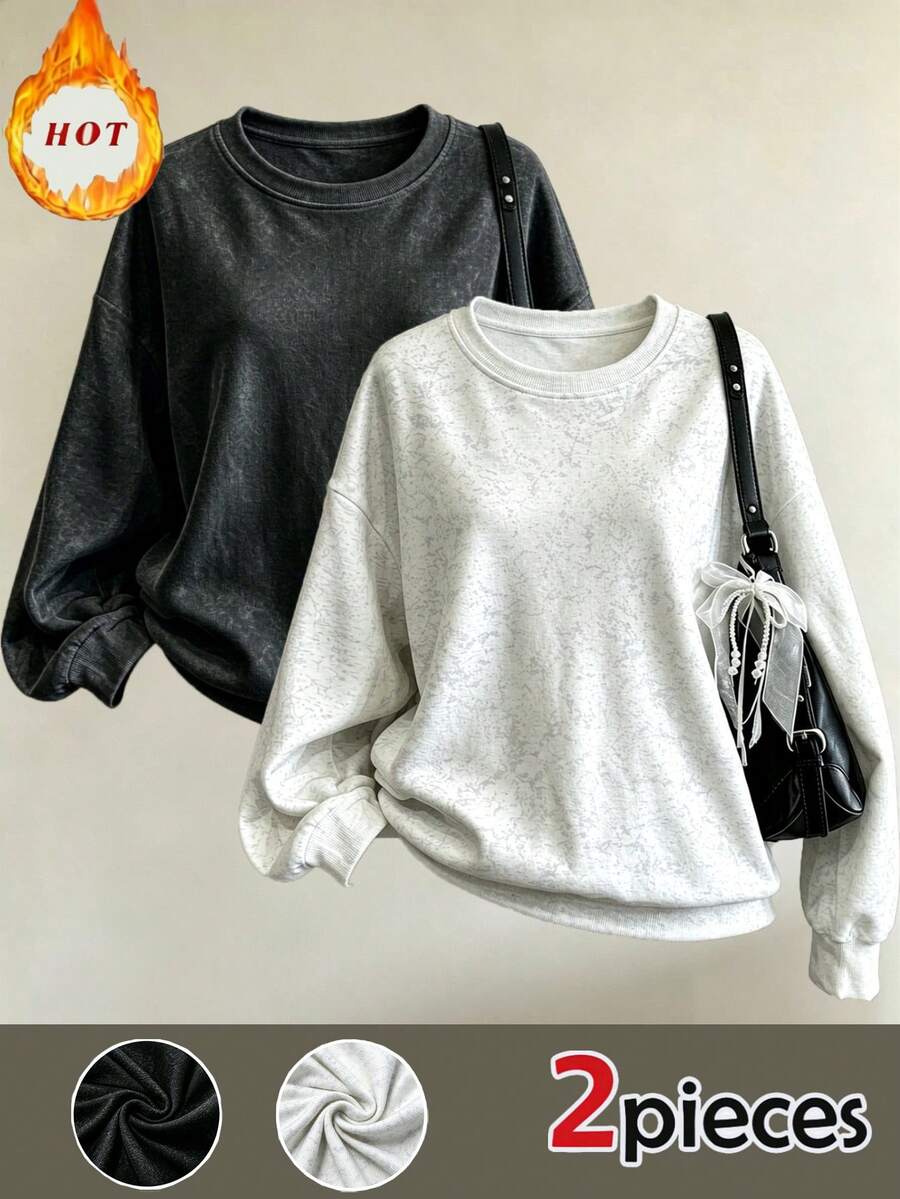 2pcs-Women's New Casual Crew Neck Sweatshirt With Ribbed Knit Hem, Featuring Collegiate Style Print Design, Exuding Youthful Energy. - Multicolor - View 1