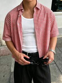 WAIT HIM Men's Casual Loose Plaid Short Sleeve Shirt, Suitable For Commuting - Red and White - View 8