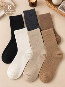 1/6 Pairs Women's Random Vertical Striped Brown Coffee Solid Color Fashion Mid-Calf Socks, Soft Comfortable All-Season Versatile Casual Sports Suitable For Daily Wear And Outdoor Use - Multicolor - View 8