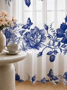 2PCS Navy Floral Butterfly Print High Density Mesh Curtains, Light Filtering Rod Pocket - Multicolor - View 7
