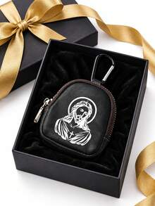 Mini Zipper Wallet With Jesus Design (With Snap Closure), Portable PU Leather Headphone Pouch, Small Key And Card Holder, Original Coin Purse, Zipper Earphone Storage Bag, Key Pouch And Keychain Accessory - Multicolor - View 3