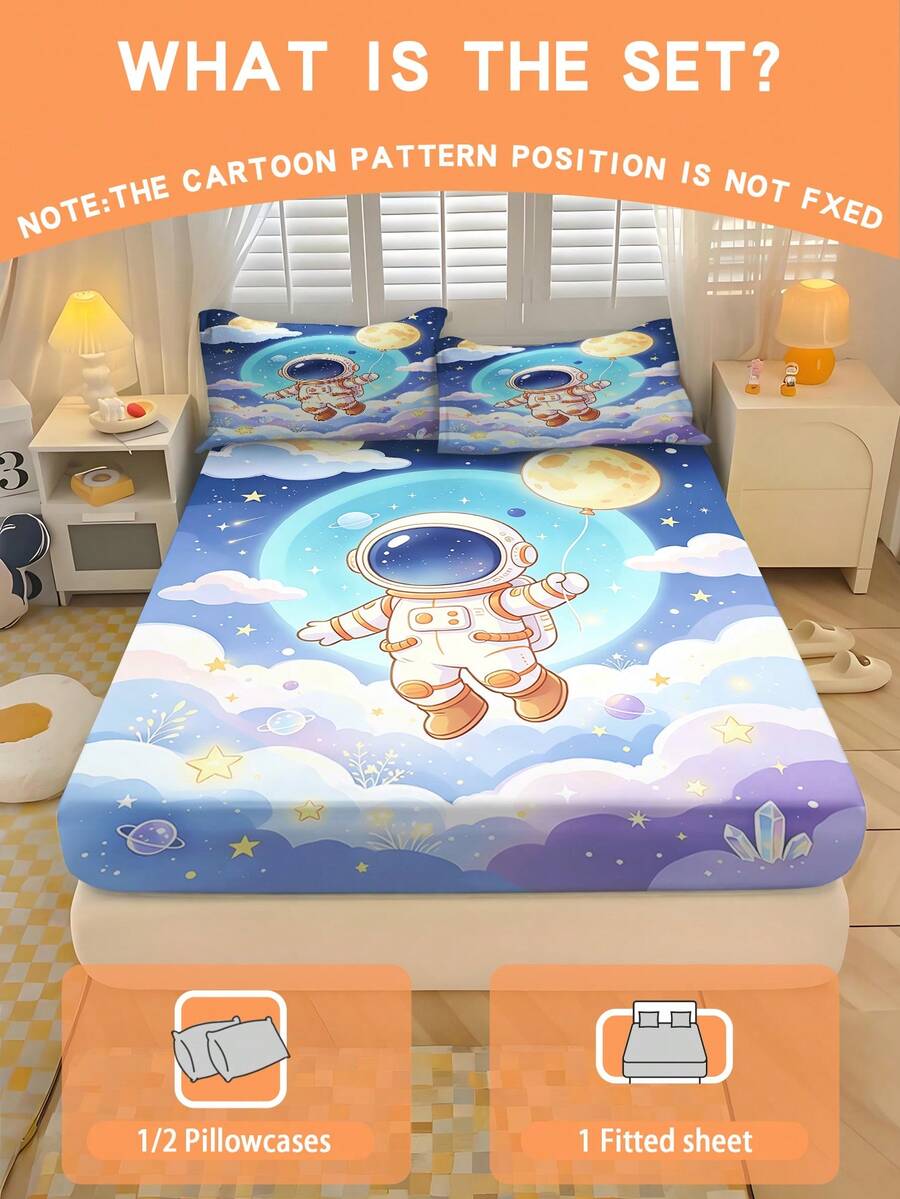 2/3PCS Cartoon Astronaut Fitted Sheet Set Soft Breathable Bedding For All Seasons Twin/Full/Queen 100% Polyester Machine Washable - Multicolor - View 1
