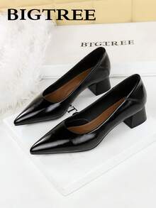 BIGTREE European & American Minimalist Pointed Toe Chunky Heel Pumps, Versatile Low Vamp Slip-On Comfortable Commuter Mid-Heel High Heels For Women - Black - View 2