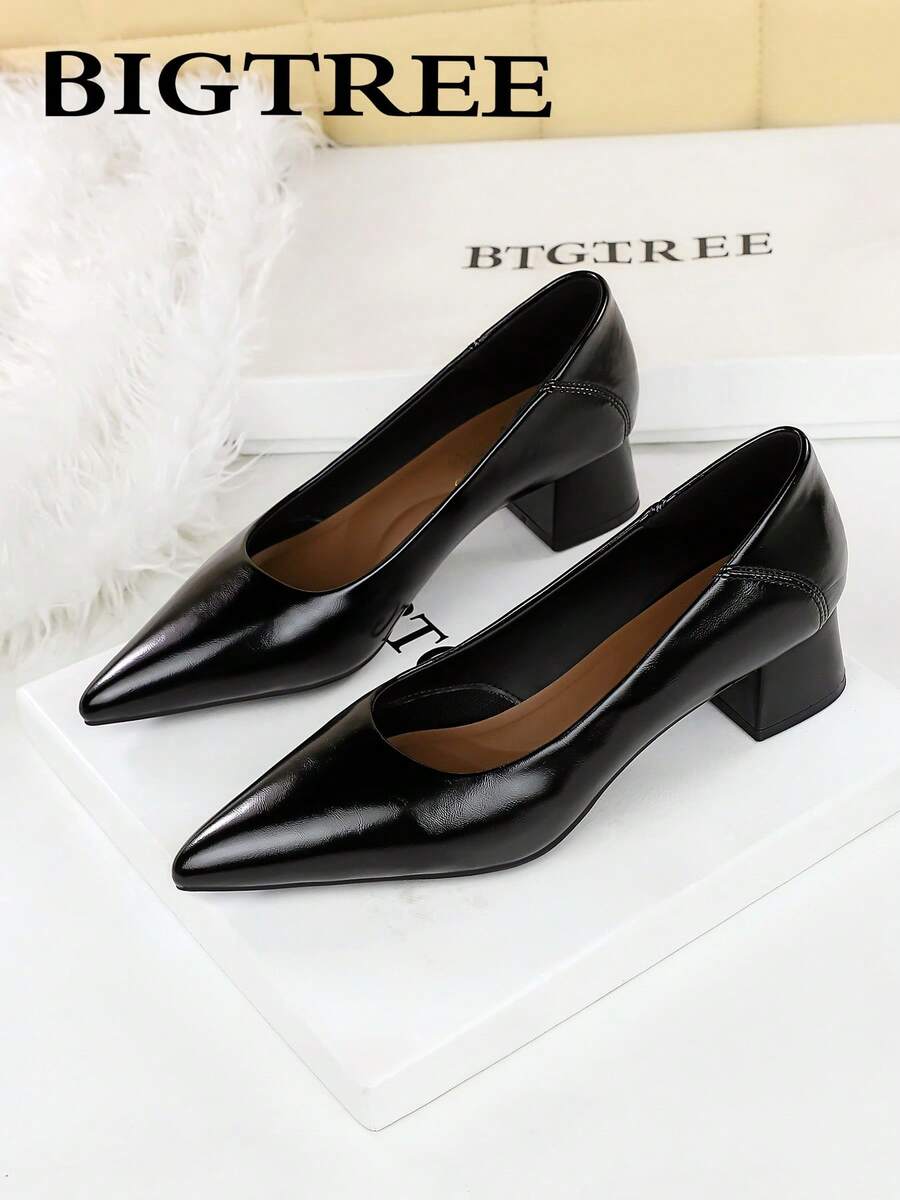BIGTREE European & American Minimalist Pointed Toe Chunky Heel Pumps, Versatile Low Vamp Slip-On Comfortable Commuter Mid-Heel High Heels For Women
