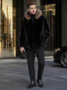 Men's Autumn/Winter Faux Fur Hooded Thick Coat - Black - View 1