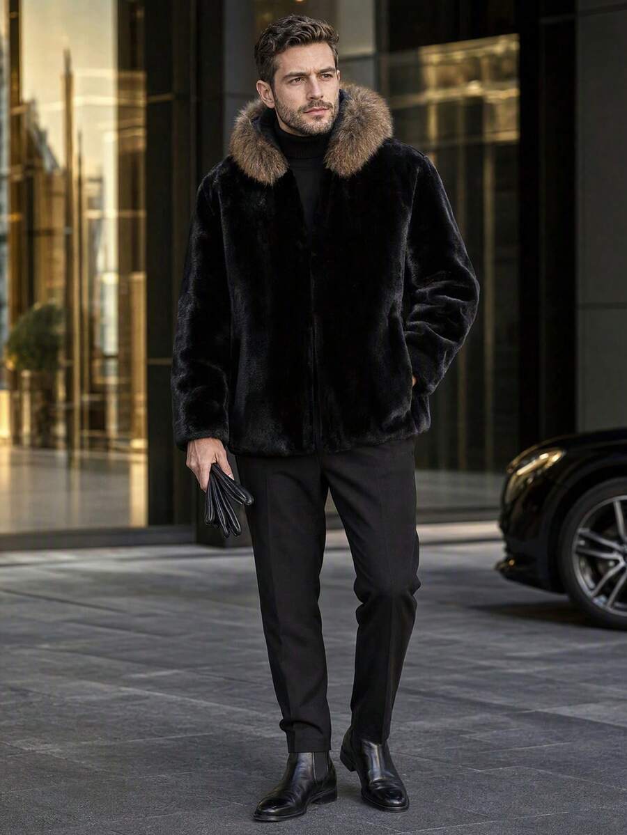 Men's Autumn/Winter Faux Fur Hooded Thick Coat - Black - View 1
