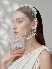 Elegant Pearl Rhinestone Bridal Veil Short Soft Tulle Wedding Veil Tassel Edge Bride Headpiece Accessories - Off White - View 3