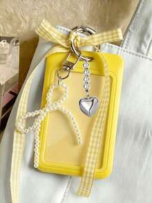 Cute Student Card Holder With Pearl And Bow Decoration; Id Card Case. Work ID Card Protector, With Plaid Bow, Pearl Heart Decoration, Detachable Sliding Card Holder, Fashionable Bag Charm, Exquisite Keychain, Suitable For ID Card, Meal Card, Bus Card, Business Card, Perfect Birthday Gift, Back To School Gift, Halloween And Christmas Gift - Multicolor - View 15