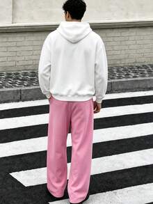 Zrgoth Men's 2 Pieces Printed Hoodie & Wide Leg Sweatpants Set, White Hoodie With Pink Character Graphic, Pink Cross Print Drawstring Long Pants, Streetwear - Pink - View 5