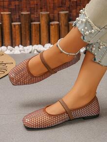 XfxfLadies' Mesh Flat Sole Shoes With Hollow Elastic Band Design, Breathable And Comfortable, Suitable For Travel/Casual Daily/Commuting Wear. - Brown - View 6