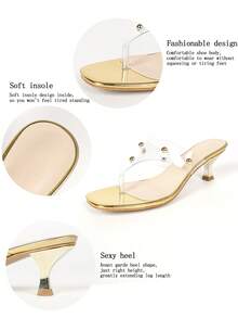 Women Clear Thong Square Open Toe Mule Sandals, Metal Stud Decor Kitten Heel Slip-On Party Heels - Gold - View 6