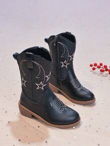 Kids Western Style Mid-Calf Boots With Star Embroidery, Perfect For Stage Shows, Party Gatherings And Weekend Trips - Black - View 4
