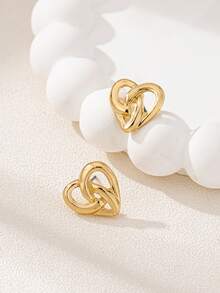 1 Pair Fashionable Minimalist Versatile Exquisite Geometric Asymmetrical Hollow Woven Heart Stud Earrings - Yellow Gold - View 3