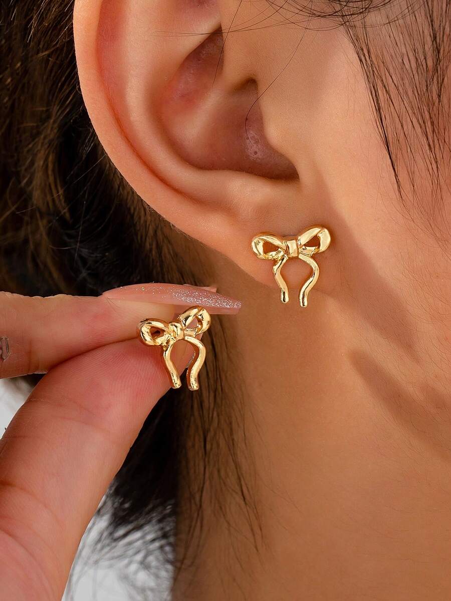1 Pair Fashion Minimalist Elegant Exquisite Geometric Asymmetrical Twisted Bow Stud Earrings, Suitable For Women's Daily Commute - Yellow Gold - View 1