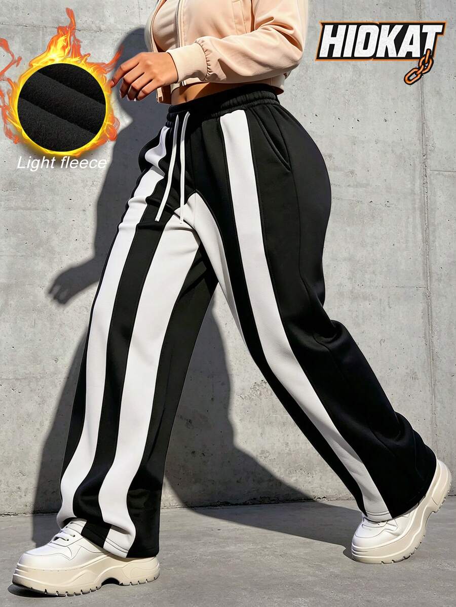 Hidkat Women's Autumn/Winter Black & White Contrast Color Thin Fleece Straight Leg Casual Sports Pants With Drawstring Waist For Daily Wear