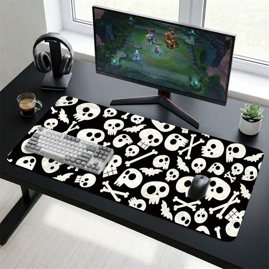 Black Background White Skull And Bone Pattern Gaming Mouse Pad, Anti-Slip Rubber Desktop Mat, Smooth Sliding Surface For PC Laptop Office Home, Gothic Abstract Art Decor, Back To School Supplies - A - View 1