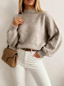 Women's Fall Winter Oatmeal Heathered Soft Cozy Fuzzy Knit Mock Neck Lantern Sleeve Sweater, Oversized Slouchy Casual Daily Office Work Commute Wear - Oatmeal Color - View 5