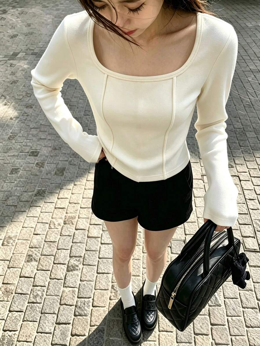 Women's Square Neck Apricot Long Sleeve T-Shirt, Ribbed Dralon Base Layer Top, Autumn/Winter Thermal Lined Thickened Innerwear, Fishbone Stitch - Apricot - View 1