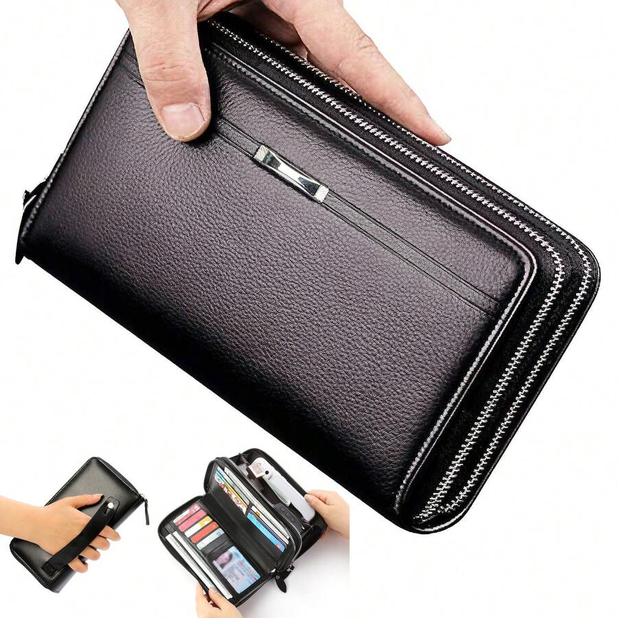 Men's PU Leather Clutch Bag, Zipper Phone Wallet, Large Business Handbag, Multi-Card Slot Card Holder Wallet, Leather Clutch Bag, Large Capacity Business Handbag, Phone Card Slot Storage Box, Coin Purse, Men's Wallet, Long Wallet - Black - View 1