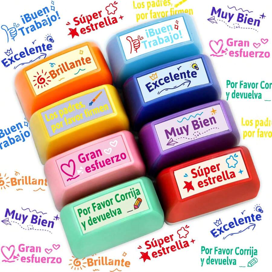 8pcs Spanish Teacher Stamps, Children Incentive Reward Stamps, School Classroom Assignment Grading, Teacher Office Supplies - Spanish Teacher Stamps, Set Of 8 - View 1