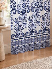 2PCS Blue Damask Floral Print High Density Mesh Curtains, Light Filtering Rod Pocket - Multicolor - View 1