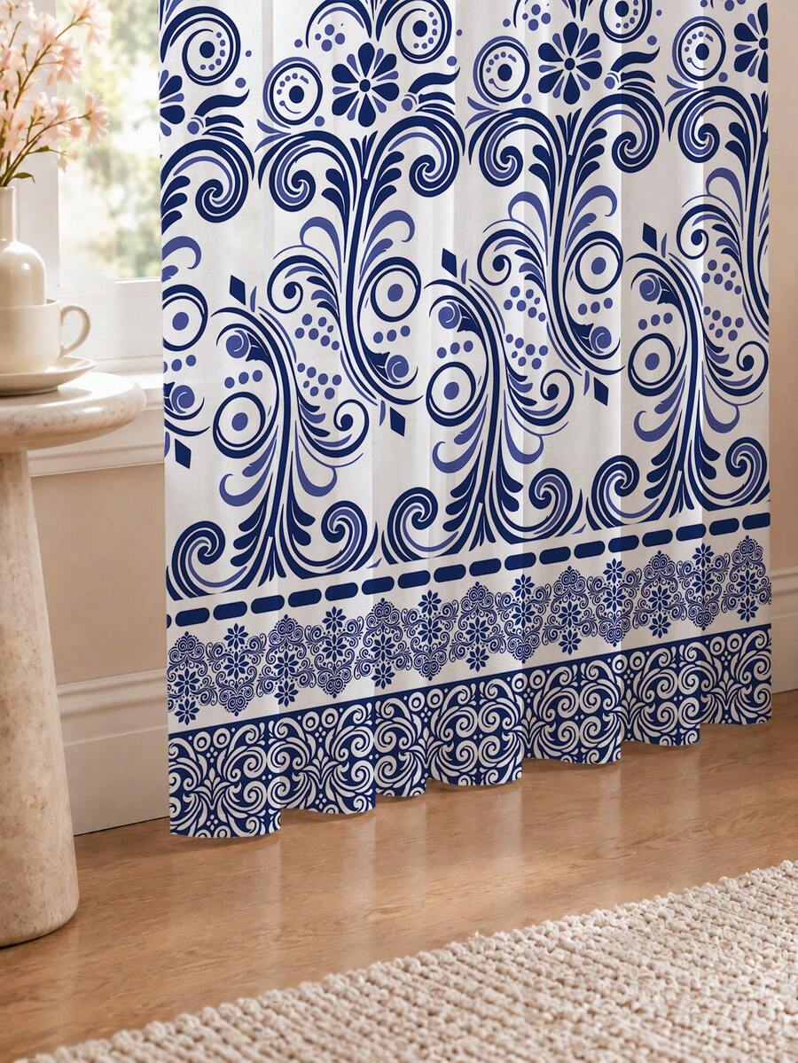 2PCS Blue Damask Floral Print High Density Mesh Curtains, Light Filtering Rod Pocket - Multicolor - View 1