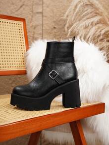 Women's Thick Sole Chunky Heel Square Buckle Ankle Boots With Side Zipper, Black - Black - View 13