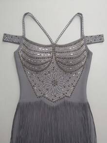FEELAIR New Cold Shoulder Spaghetti Strap Heavy Rhinestone Tassel Long Dress, Grey Slim Fit Evening Gown, Suitable For Party, Banquet And Formal Occasions - Gray Blue - View 8
