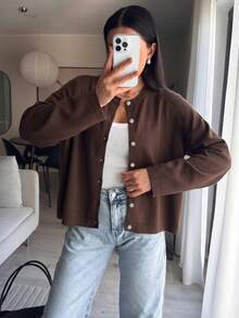 Plus Size Women's Solid Color Long Sleeve Single-Breasted Knit Thin Cardigan, Suitable For All Seasons Outerwear, Brown Autumn Thin Cardigan Sweater - Coffee Brown - View 3
