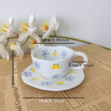250ml 手繪釉下彩陶瓷咖啡杯與杯碟，復古 INS 風格咖啡廳下午茶杯，適合日常使用 - 藍花檸檬 - 查看 2
