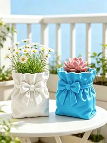 3D Printed Pleated Fabric Bag Shaped Planter With Bowknot, Minimalist Creative Desktop Potted Plant Container, Succulent And Small Green Plant Decorative Flower Pot - B - View 3