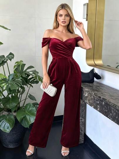 Mono elegante de mujer con hombros descubiertos, terciopelo, cruzado, pierna ancha, cremallera trasera, para fiesta, Navidad, noche, cita, reunión de chicas, atuendo chic para eventos nocturnos