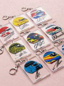 1/9pcs F1 Racing Driver Helmet Handwritten Signature Acrylic Keychain, Cool Motorcycle Sports Style, Driver Livery Card, Car Key Ring Accessory, Backpack Pendant, Ideal Gift For Car Fans, Boyfriend, Friends - Multicolor - View 3