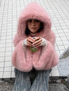 Faux Fur Hooded Winter Jacket, Loose Short Coat, Casual Street Style Winter Outfit, Pink - Pink - View 4