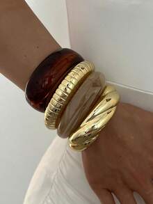 4pcs/Set Stackable Fashion Minimalist Elegant Exquisite Vintage Design Brown Resin Asymmetrical Marbled Pattern Geometric Ribbon Textured CCB Metal Style Chunky Oversized Bangles Set, Holiday Vacation Party Date Gift, Daily Commute Wear, Personalized - Multicolor - View 5