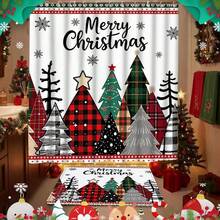 1/4pcs Christmas Tree Pattern Shower Curtain Set, Merry Christmas Buffalo Plaid Farmhouse Style Shower Curtain, Waterproof Fabric Winter Bathroom Shower Curtain, 70.8*70.8 Inches - A - View 7