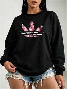 Sweatshirt Wanita Ukuran Besar Kerah Bulat Hitam Modis dengan Motif Bunga, Sempurna untuk Tampilan Streetwear Kasual Gaya Retro di Musim Gugur dan Musim Dingin - Hitam - View 4