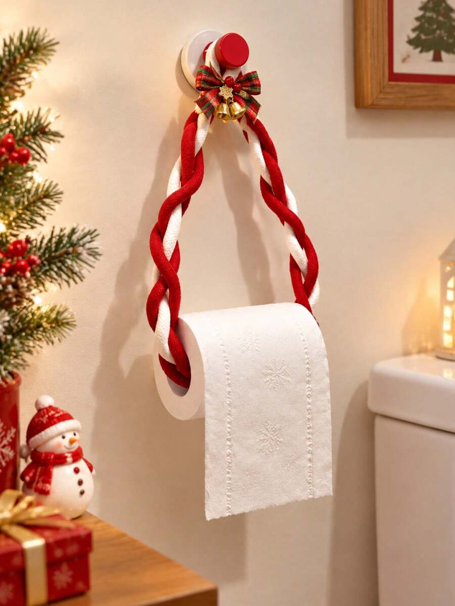 1Psc Wall Mounted Tissue Hanging Rope, Ins Style Non Perforated Roll Paper Holder, Christmas Decorative Tissue Holder. Suitable For Kitchen, Bathroom, Bedroom, And Foyer. Suitable For Home Decorators And Christmas Decoration Crowds. - Multicolor - View 1