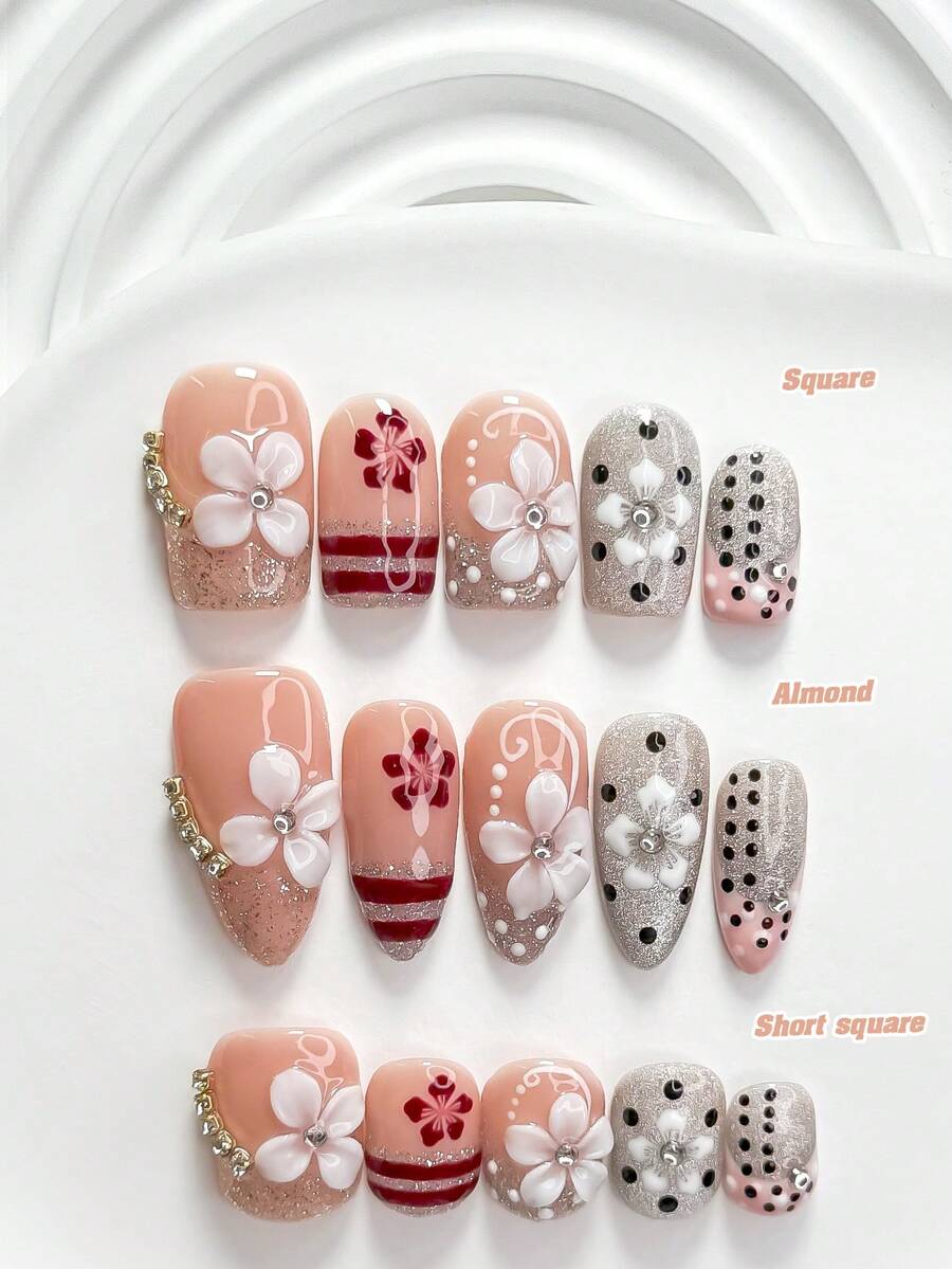 秋季 10 片精緻風格手工穿戴甲 Polygel 凝膠美甲套組,花卉波點粉白配色,可愛風,含美甲工具,3 種尺寸可選:方形、短方形、杏仁形,適合派對、舞蹈、日常佩戴(手工細節可能有所不同) - 彩色 - 查看 1