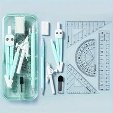 1 Set Math And Geometry Tool Kit, Includes 9 Office Supplies And Storage Box, Contains Triangle Ruler, Protractor, Ruler, Eraser, Pencil And Mechanical Pencil, Eraser, Compass And Other Tools. - Green Kit - View 9