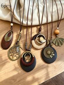6pcs Bohemian Style Wooden And Copper Pendant Leather Cord Necklace, Lightweight Vintage Versatile Wearable Accessory - 6Pcs Long Necklace - View 3