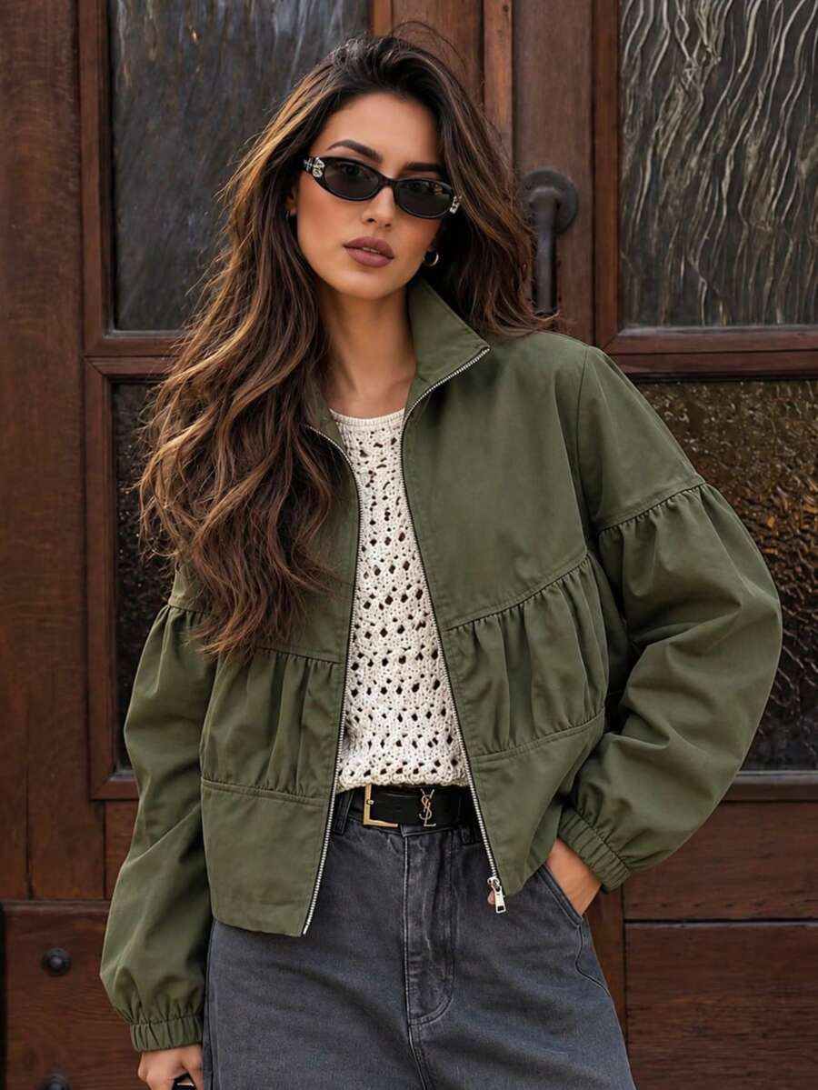 Áo khoác ngắn casual công sở nữ thiết kế, dáng rộng, kéo khóa, cổ đứng - màu xanh lá - Xem 1