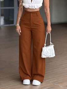 LUNNELUX Women Fall Brown Ruffle High Waist Wide Leg Pants, Button Zip Fly Trousers With Faux Pockets, Casual Daily Vacation Pants - Brick Red - View 5