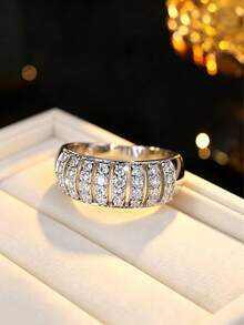 1pc Exquisite Wide Multi-Layer Pave Cubic Zirconia Ring, Luxury Heavy-Duty Finger Ring, Versatile Sparkling Hand Accessory For Banquet - Ring - View 4