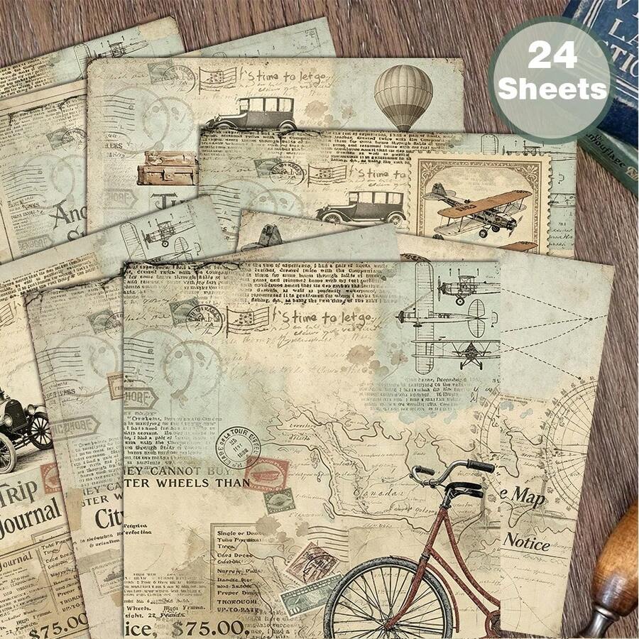 24 Sheets 6x6 Inch Vintage Travel Scrapbooking Paper, Non-Repeating Pattern Postage Stamp Collage Cardstock, Distressed Map And Airplane Craft Paper, Suitable For DIY Junk Journal, Nautical Diary And Vintage Paper - Square - View 1