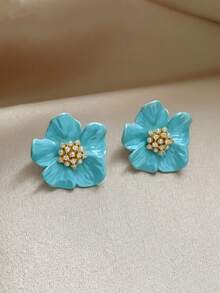 1 Pair French Luxury Sweet Delicate Fresh Minimalist Fashion Versatile Blue Flower Stud Earrings Suitable For Women's Daily, Holiday And Commute Wear - Baby Blue - View 2