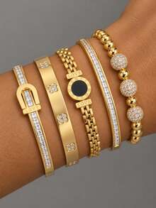 Camhanno Gold Stainless Steel Stackable Bangle 5PCS Set, CZ Four Leaf & Roman Dial Women Fashion Jewelry - Multicolor - View 2