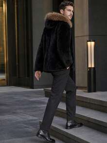Men's Autumn/Winter Faux Fur Hooded Thick Coat - Black - View 6