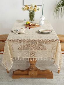 ABEST6522 Home&Living store 1pc Vintage Crochet Tassel Tablecloth, Simple Design Table Mat, Farmhouse Lace Dining Table Decor, Round/Square Tabletop Cover For Kitchen, Dresser, Wedding Party - Beige - View 16